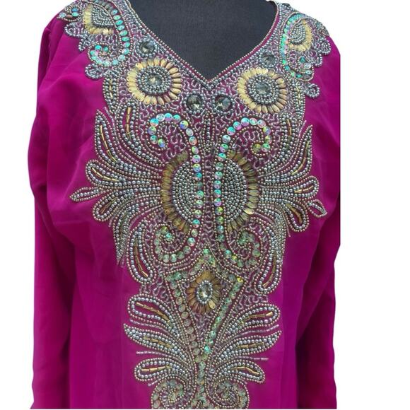 Pink Zari Embroidered Belted Beaded Glam Kaftan Maxi Dress NWT XL Romantic - Picture 2 of 6